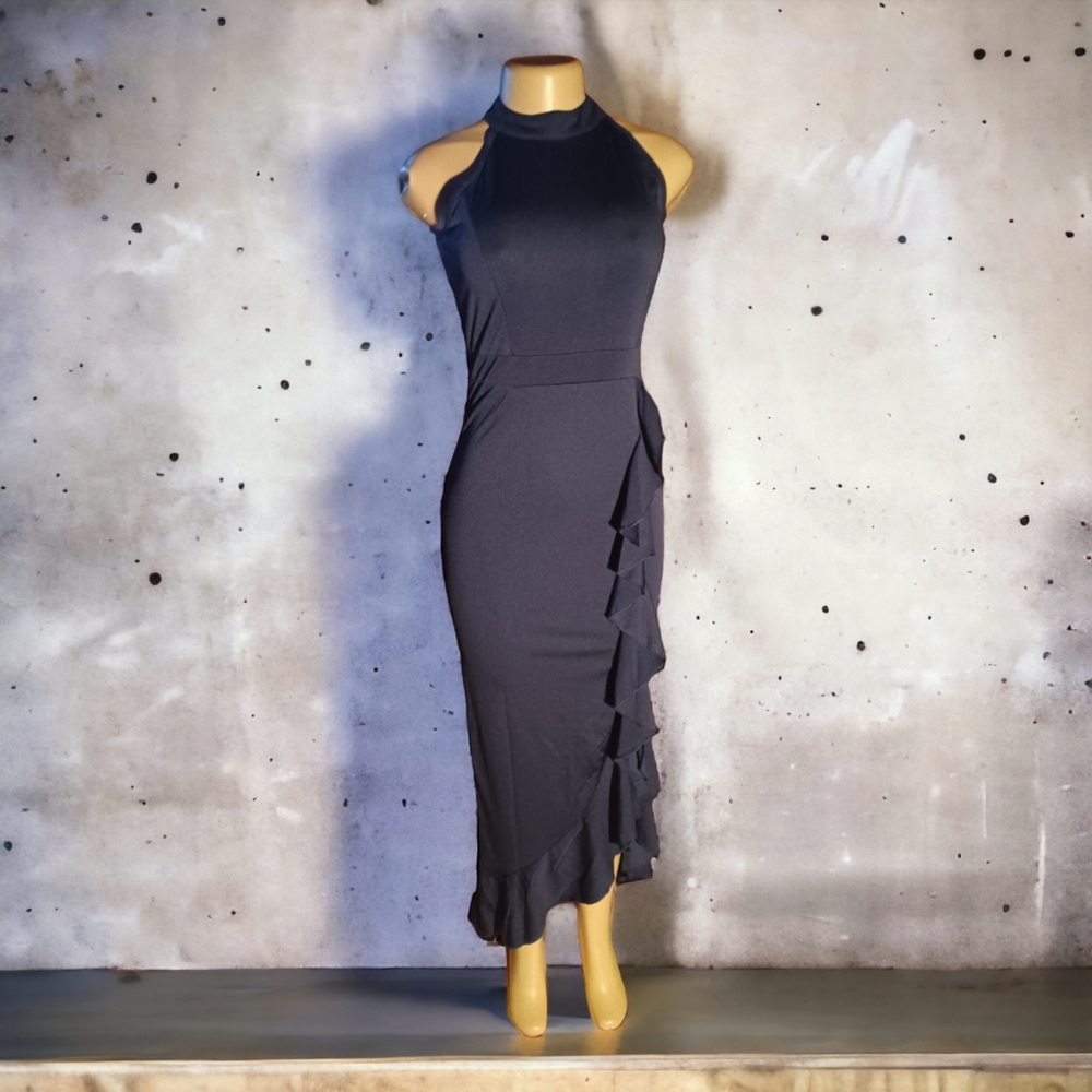 Allandwell Navy Blue Knit Dress With Side Ruffles Nwt Small